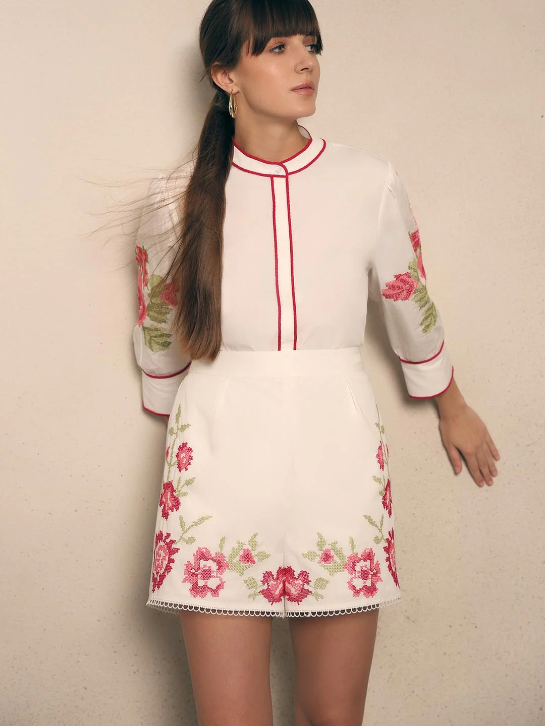 White Floral Embroidered Shorts