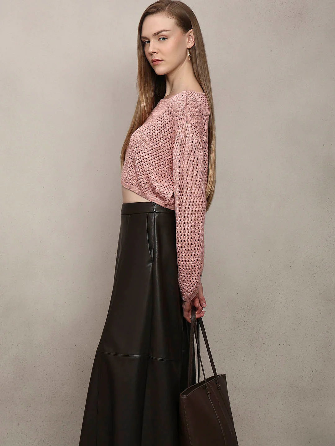 Pink Cropped Open-Knit Pullover