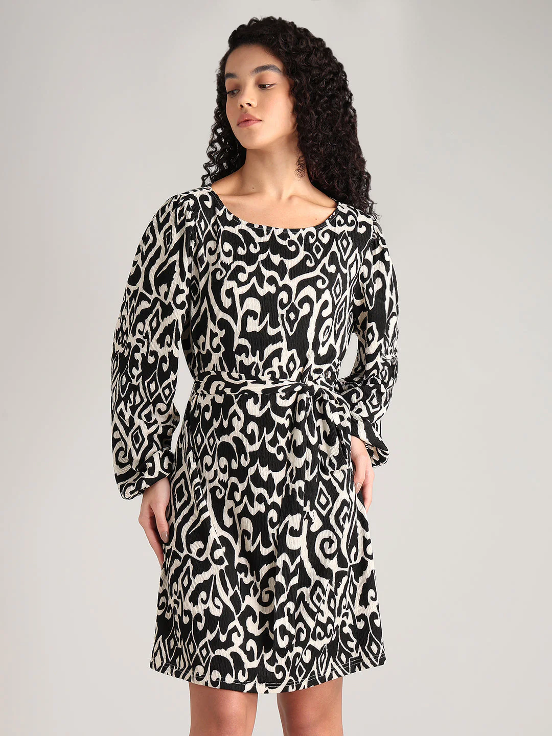 Black & White Printed Long-Sleeve Dress - Image 2