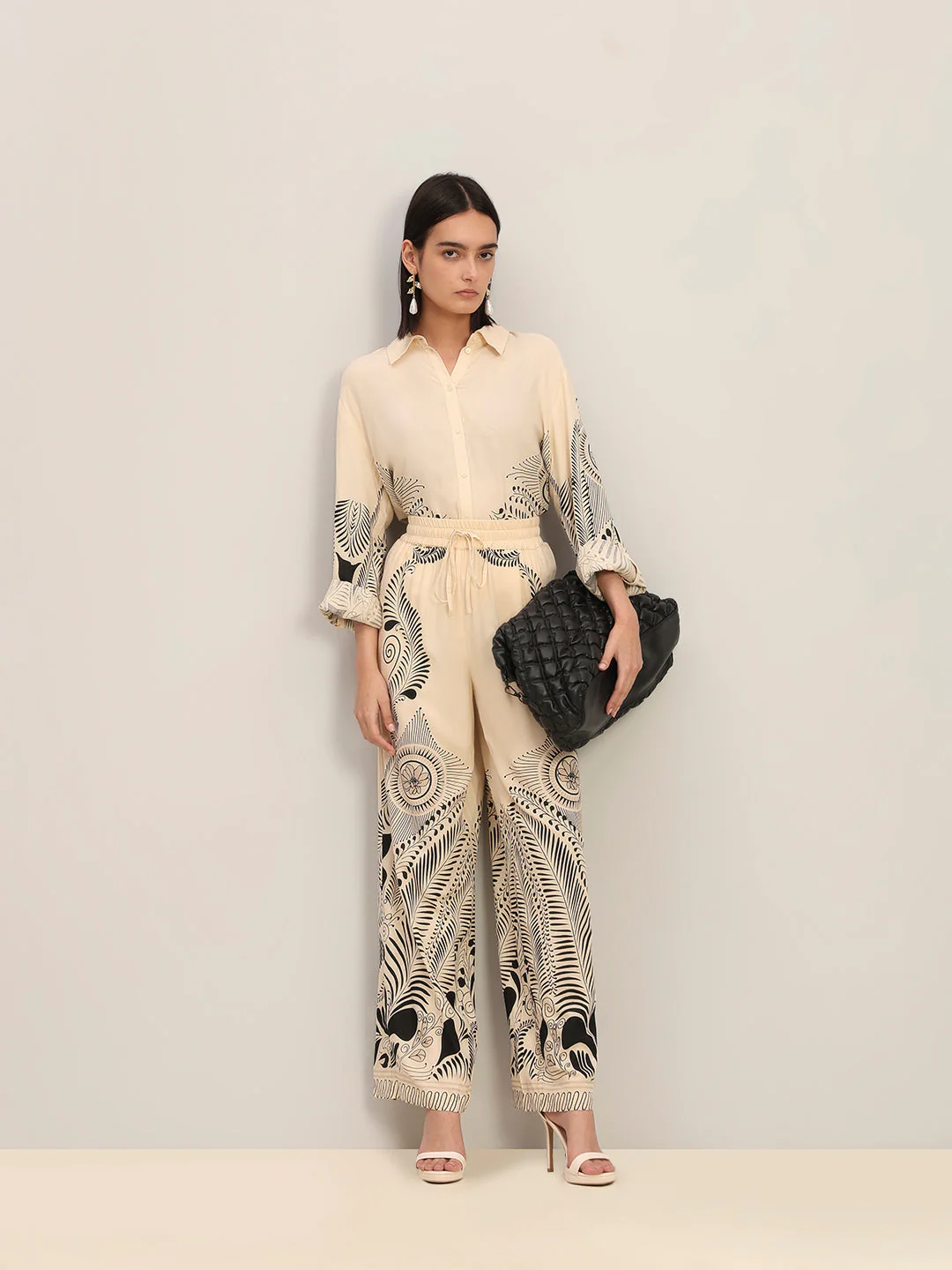 Beige Printed Wide Leg Pants