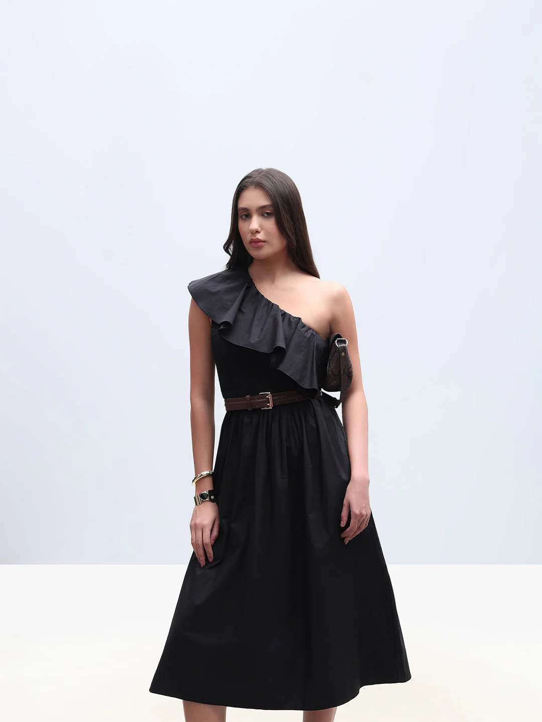 Black Smocked One Shoulder Dress