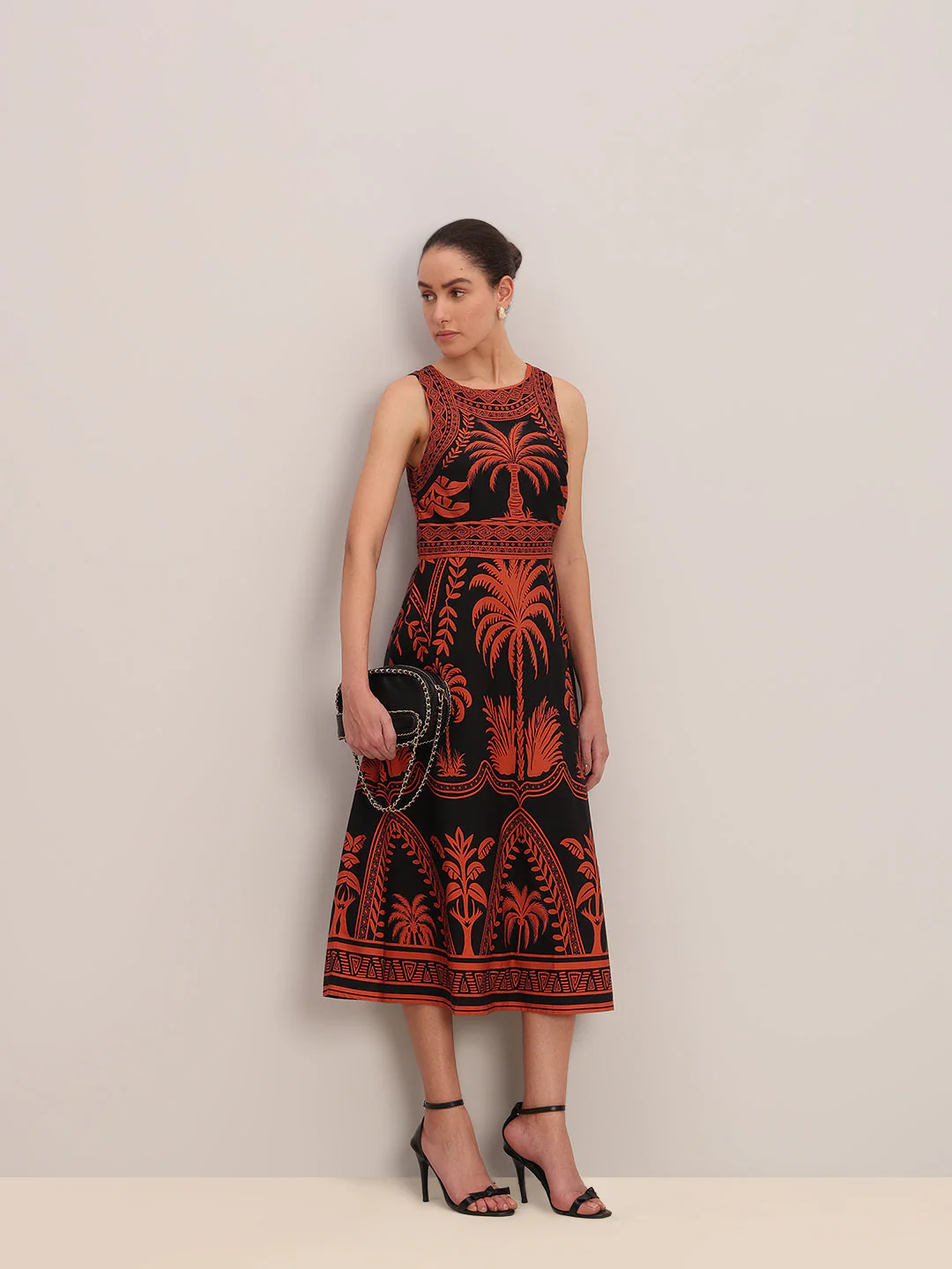 Black Printed Cotton Midi Dress