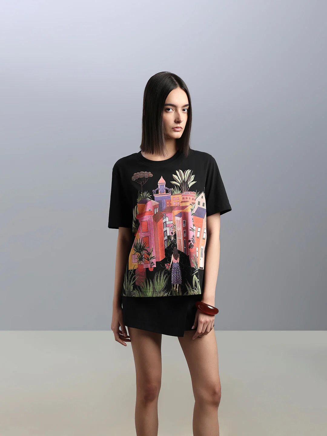 Black Printed Cotton T-shirt